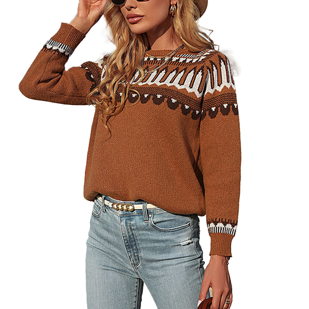 YESFASHION Women Loose Brown Positioned Jacquard Sweaters