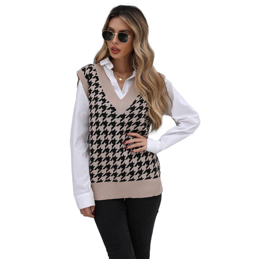 YESFASHION Mid-length Tops Houndstooth Sweater Vest