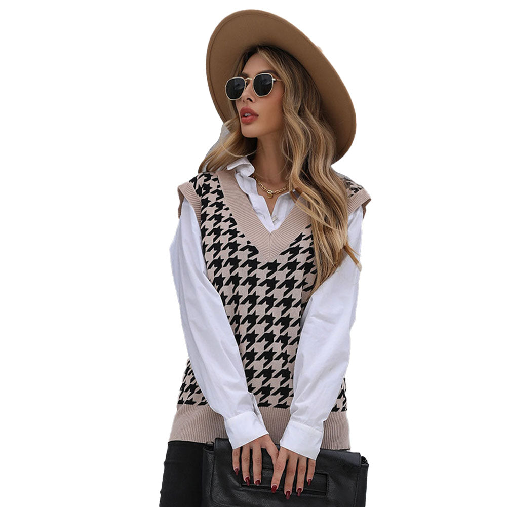 YESFASHION Mid-length Tops Houndstooth Sweater Vest