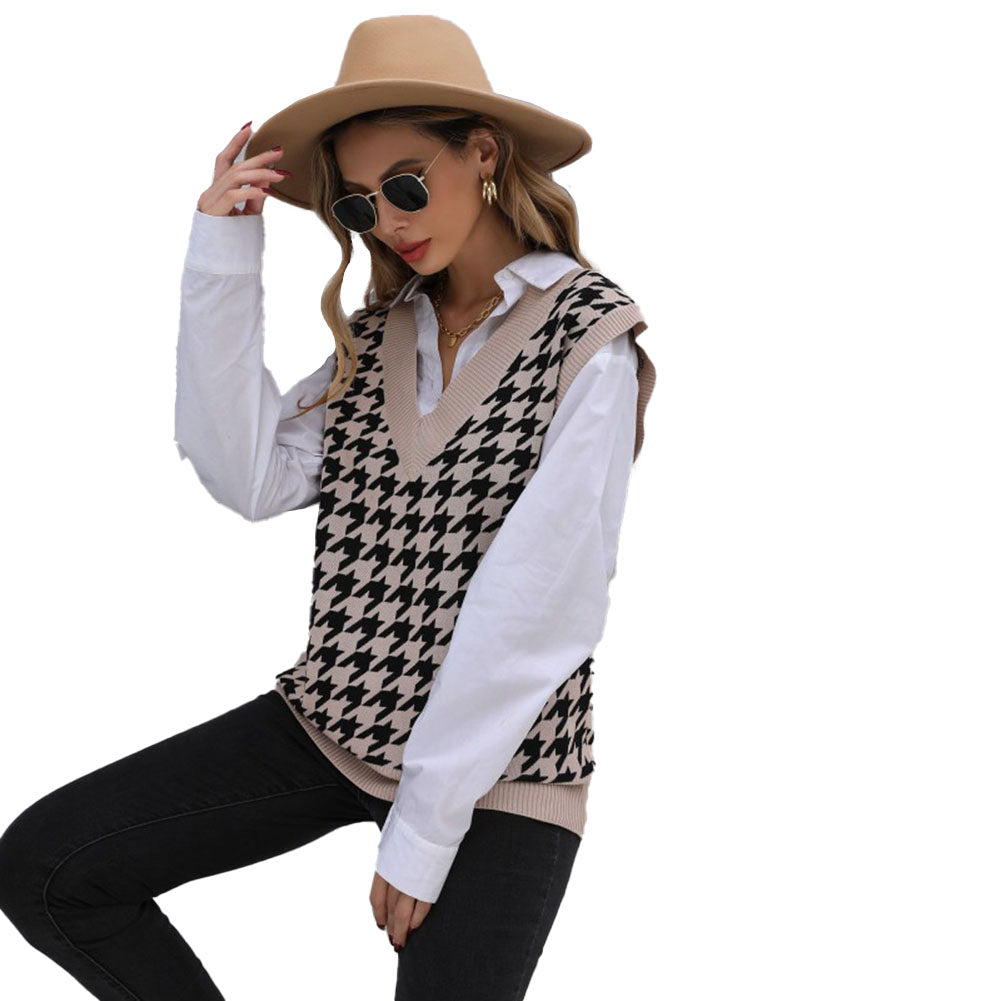 YESFASHION Mid-length Tops Houndstooth Sweater Vest