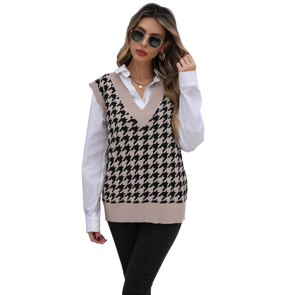 YESFASHION Mid-length Tops Houndstooth Sweater Vest