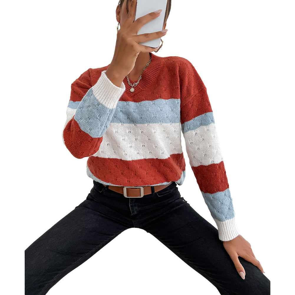 YESFASHION Casual Top Colorblock Long Sleeve Loose Sweaters