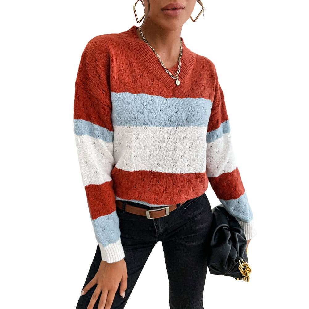 YESFASHION Casual Top Colorblock Long Sleeve Loose Sweaters