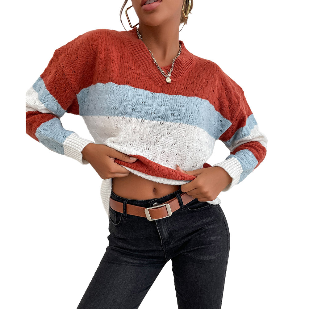 YESFASHION Casual Top Colorblock Long Sleeve Loose Sweaters