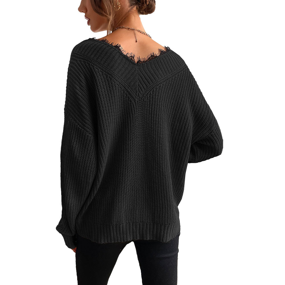 YESFASHION Women Panel Lace Pullover Solid Knit Sweaters