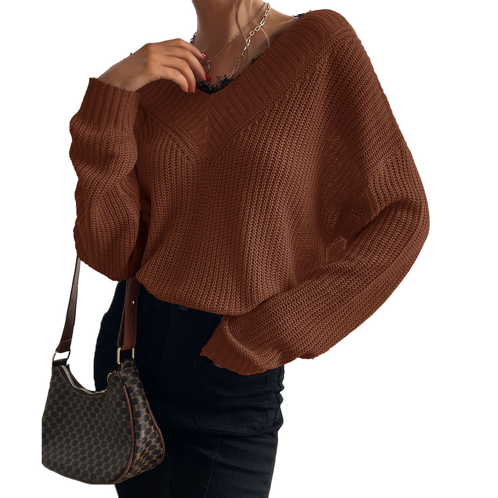 YESFASHION Women Panel Lace Pullover Solid Knit Sweaters