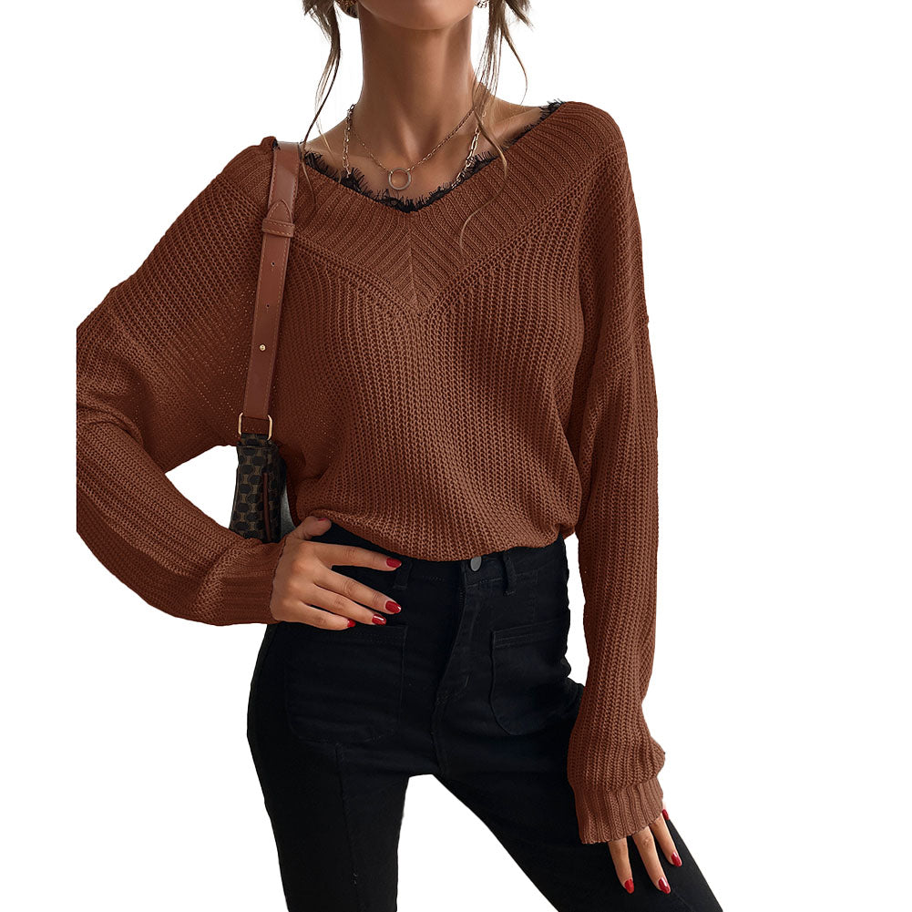 YESFASHION Women Panel Lace Pullover Solid Knit Sweaters