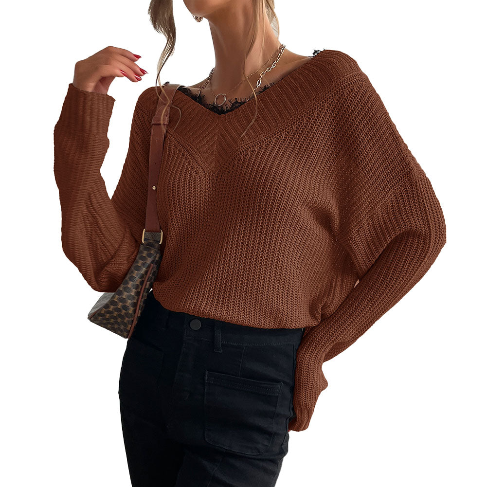 YESFASHION Women Panel Lace Pullover Solid Knit Sweaters