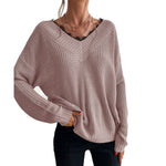 YESFASHION Women Panel Lace Pullover Solid Knit Sweaters