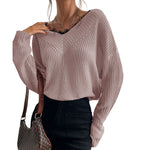 YESFASHION Women Panel Lace Pullover Solid Knit Sweaters