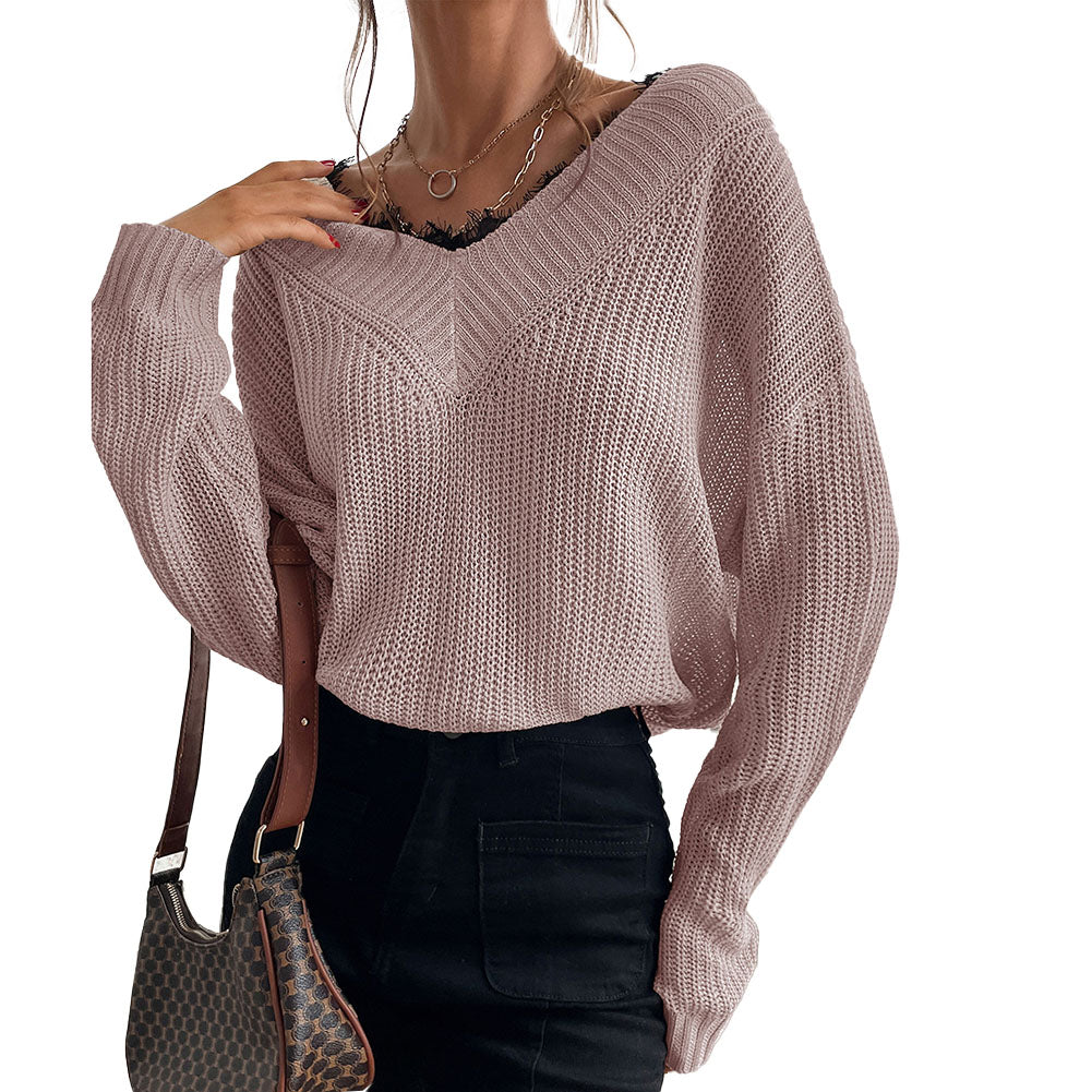 YESFASHION Women Panel Lace Pullover Solid Knit Sweaters