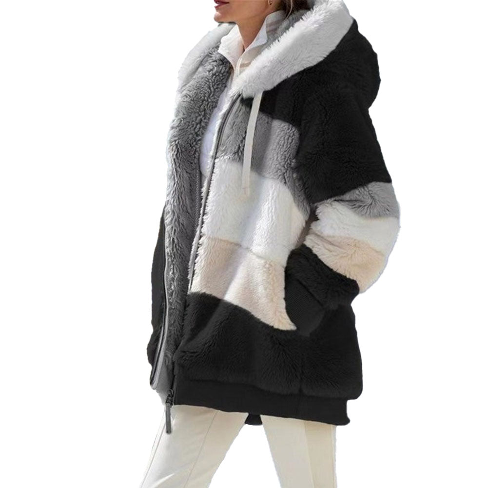 YESFASHION Plush Patchwork Zipper Pocket Hooded Loose Jacket Coats