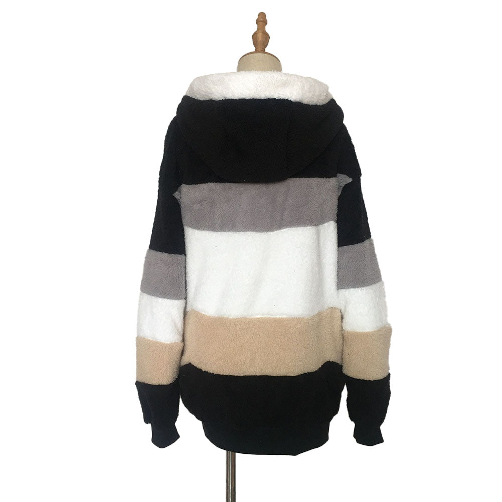 YESFASHION Plush Patchwork Zipper Pocket Hooded Loose Jacket Coats