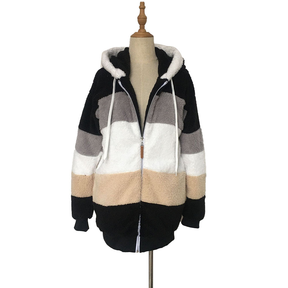 YESFASHION Plush Patchwork Zipper Pocket Hooded Loose Jacket Coats
