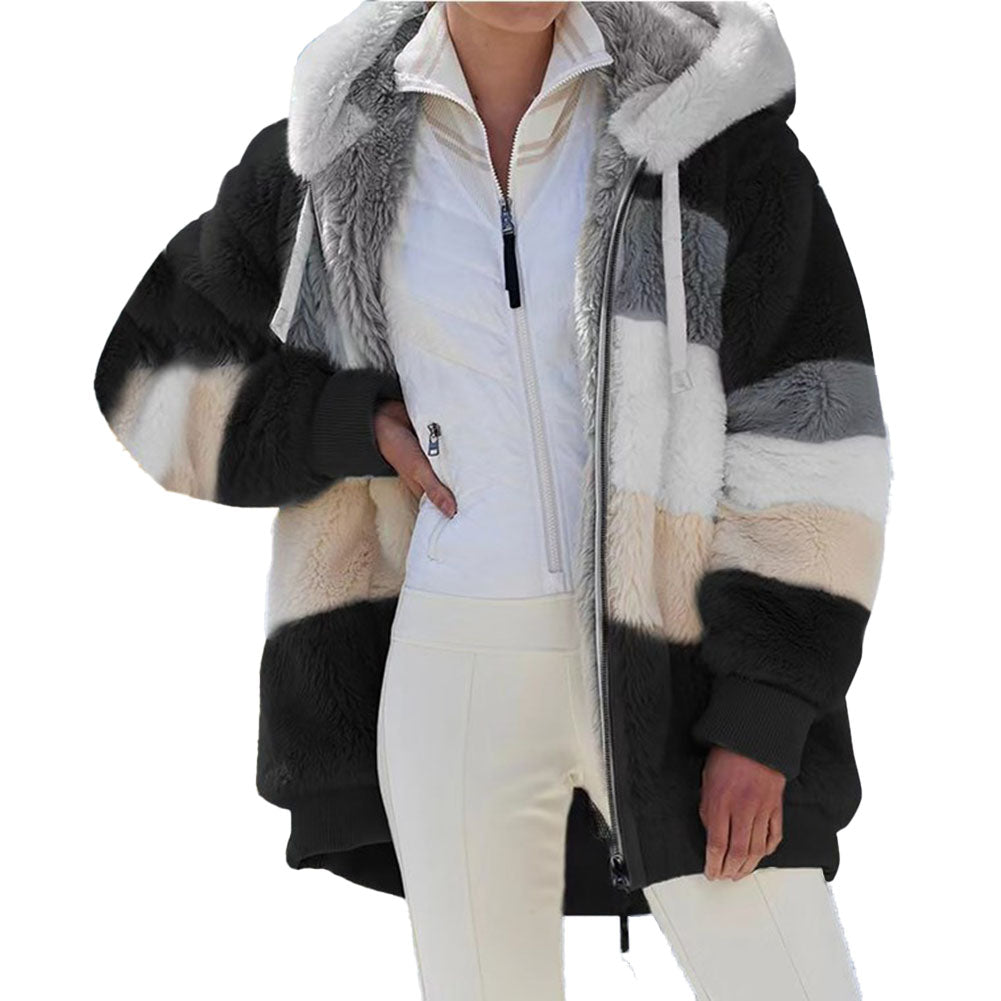 YESFASHION Plush Patchwork Zipper Pocket Hooded Loose Jacket Coats