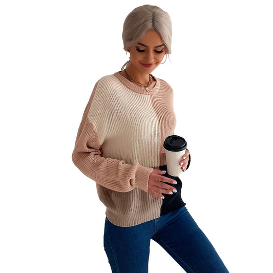 YESFASHION Slouchy Top Colorblock Long-sleeve Loose-fitting Sweaters