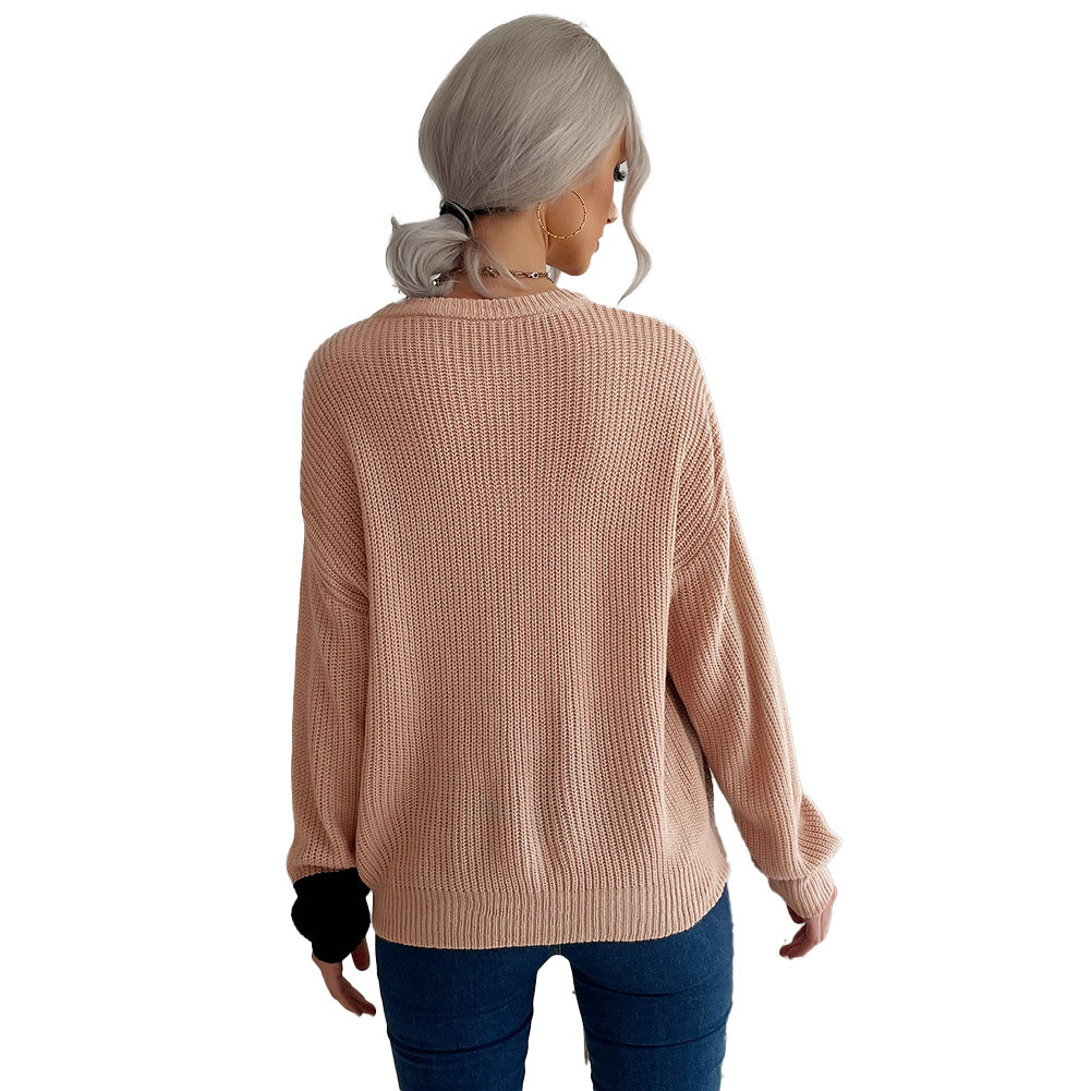 YESFASHION Slouchy Top Colorblock Long-sleeve Loose-fitting Sweaters