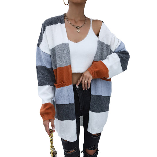 YESFASHION Casual Coats Colorblock Long Sleeve Sweater Cardigan