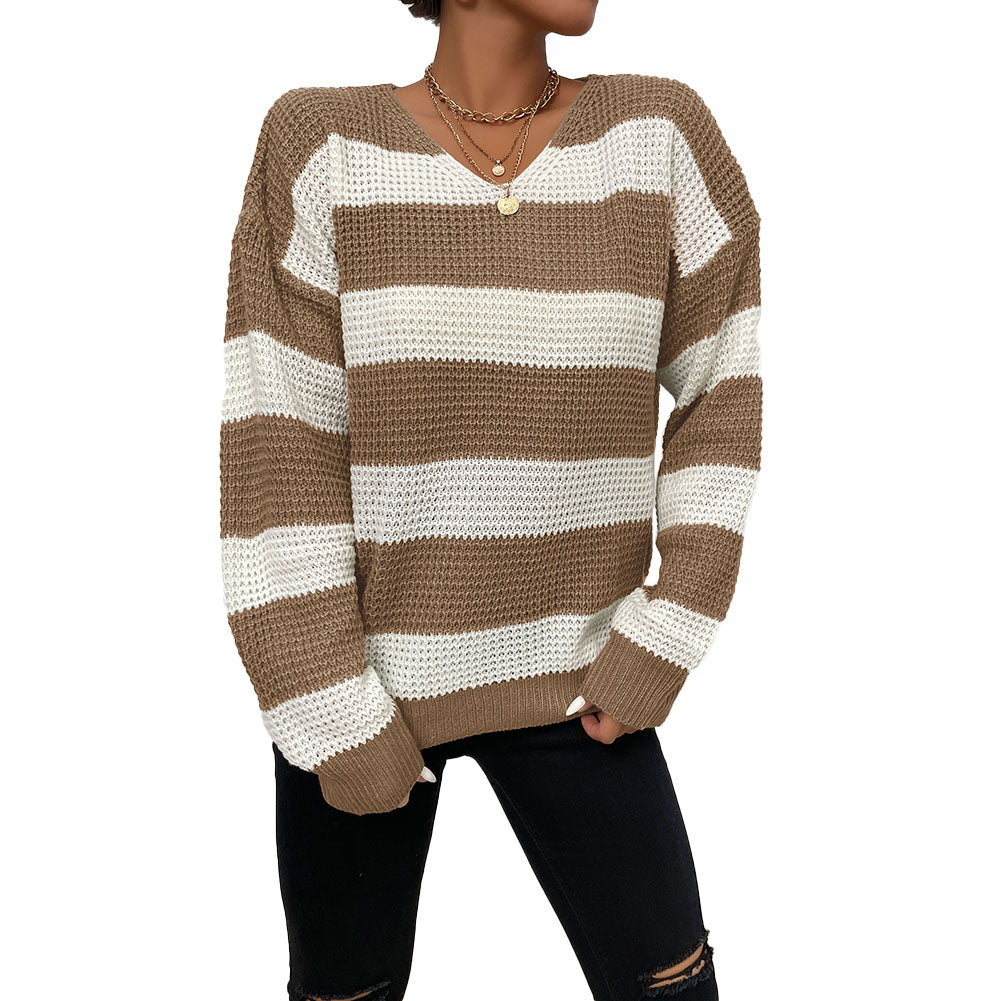 YESFASHION Casual Tops Thin Long Sleeve Striped Sweaters