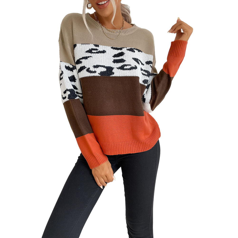 YESFASHION Casual Tops Leopard Print Colorblock Sweaters