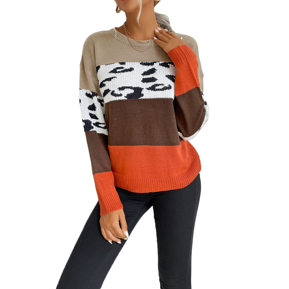 YESFASHION Casual Tops Leopard Print Colorblock Sweaters