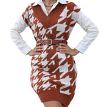 YESFASHION Houndstooth Autumn And Winter Sweater Dress