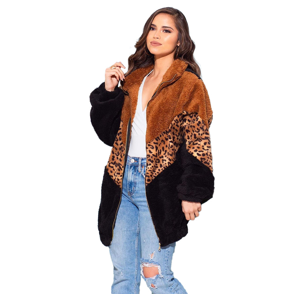 YESFASHION Leopard Print Zipper Long Sleeve Plush Jacket Women