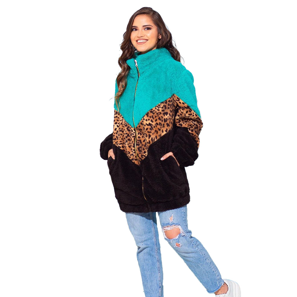 YESFASHION Leopard Print Zipper Long Sleeve Plush Jacket Women