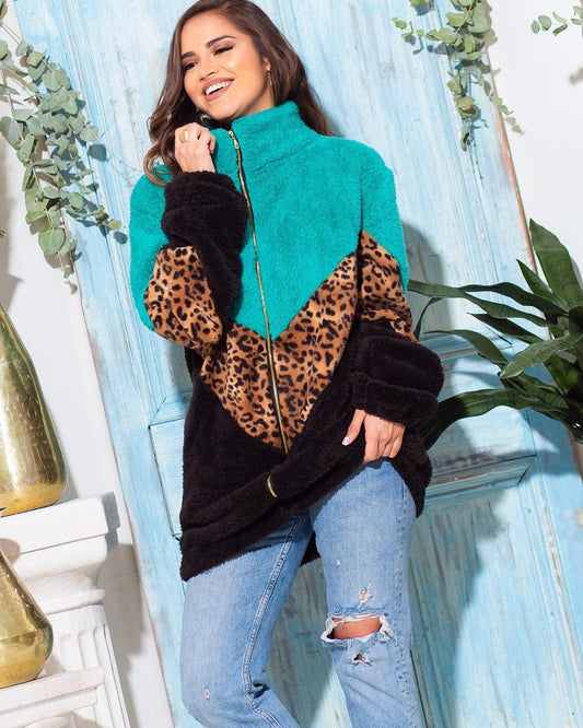 YESFASHION Leopard Print Zipper Long Sleeve Plush Jacket Women