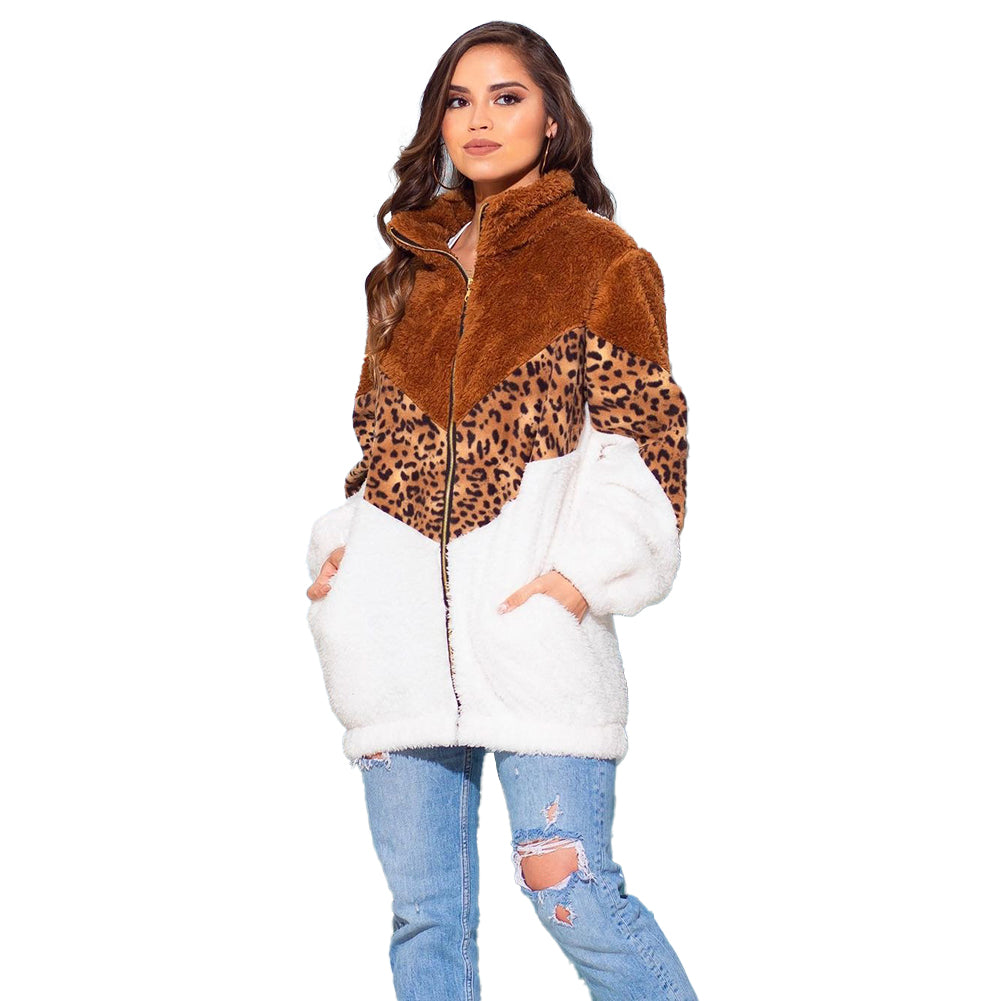 YESFASHION Leopard Print Zipper Long Sleeve Plush Jacket Women
