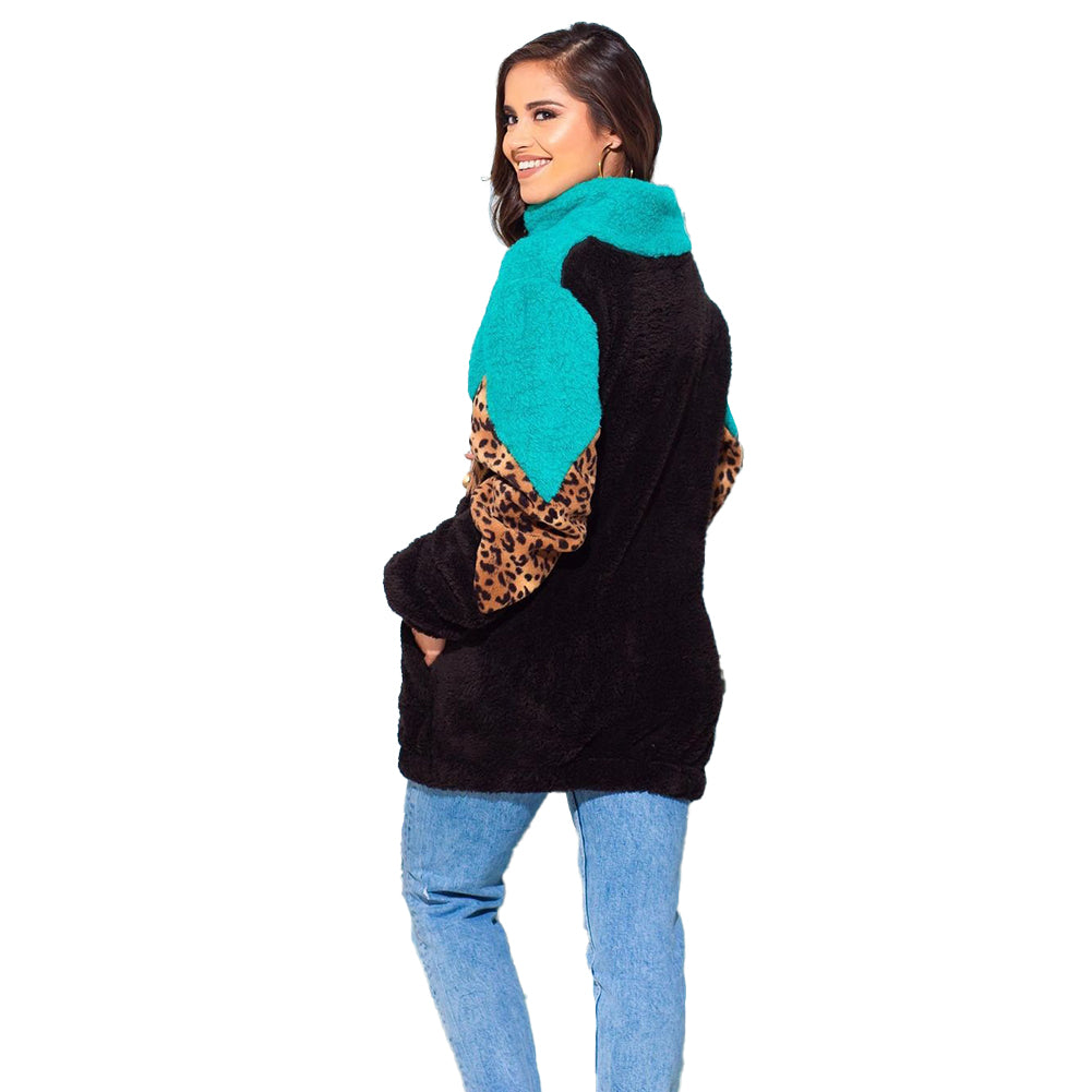 YESFASHION Leopard Print Zipper Long Sleeve Plush Jacket Women