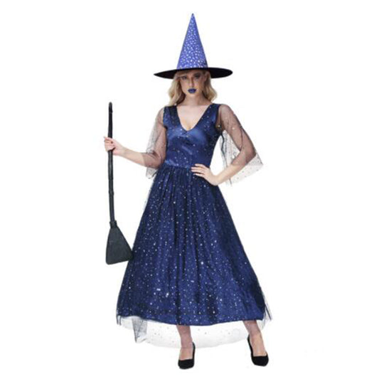 YESFASHION V-neck Mesh Blue Star And Moon Witch Puffy Witch Dress