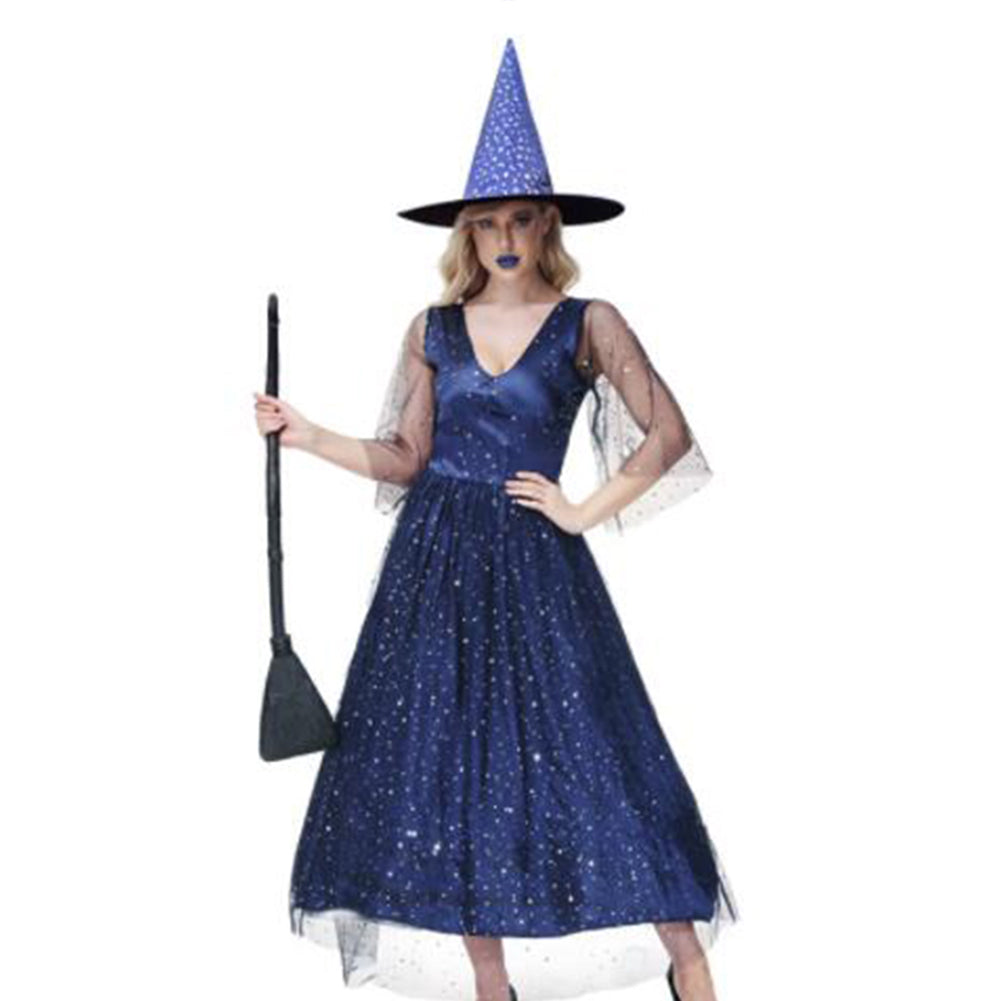 YESFASHION V-neck Mesh Blue Star And Moon Witch Puffy Witch Dress