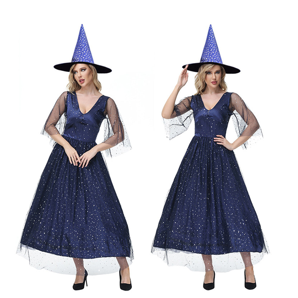 YESFASHION V-neck Mesh Blue Star And Moon Witch Puffy Witch Dress