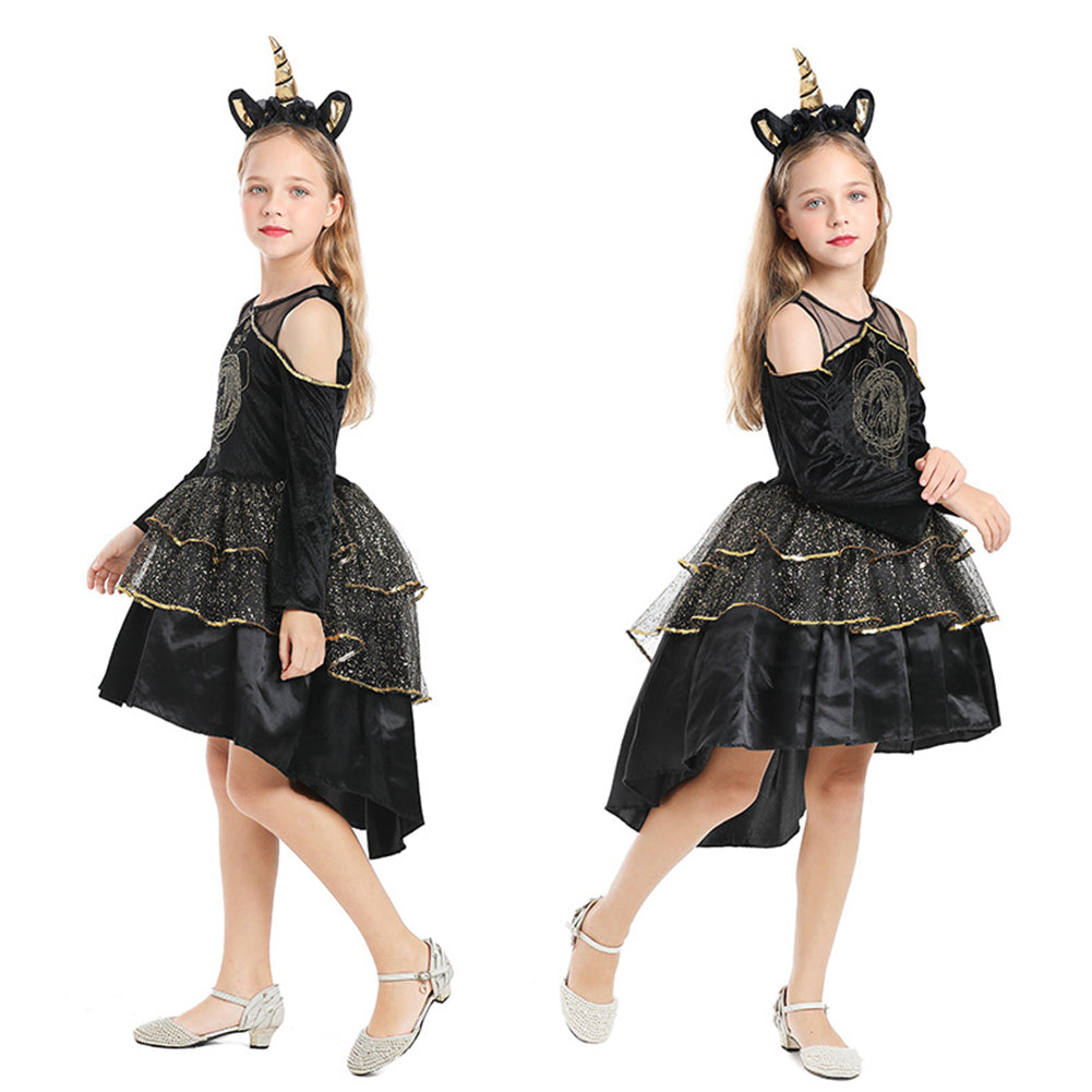YESFASHION Puffy Tuxedo Skirt Gothic Pony Print Girls Performance Costume
