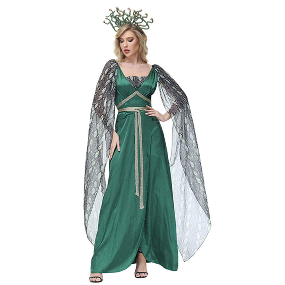 YESFASHION Snake Print Slit Maxi Dress Mythical Siren Medusa Dress
