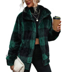 YESFASHION Collar Plaid Regular Coats Plush Zip Double Jacket Coats