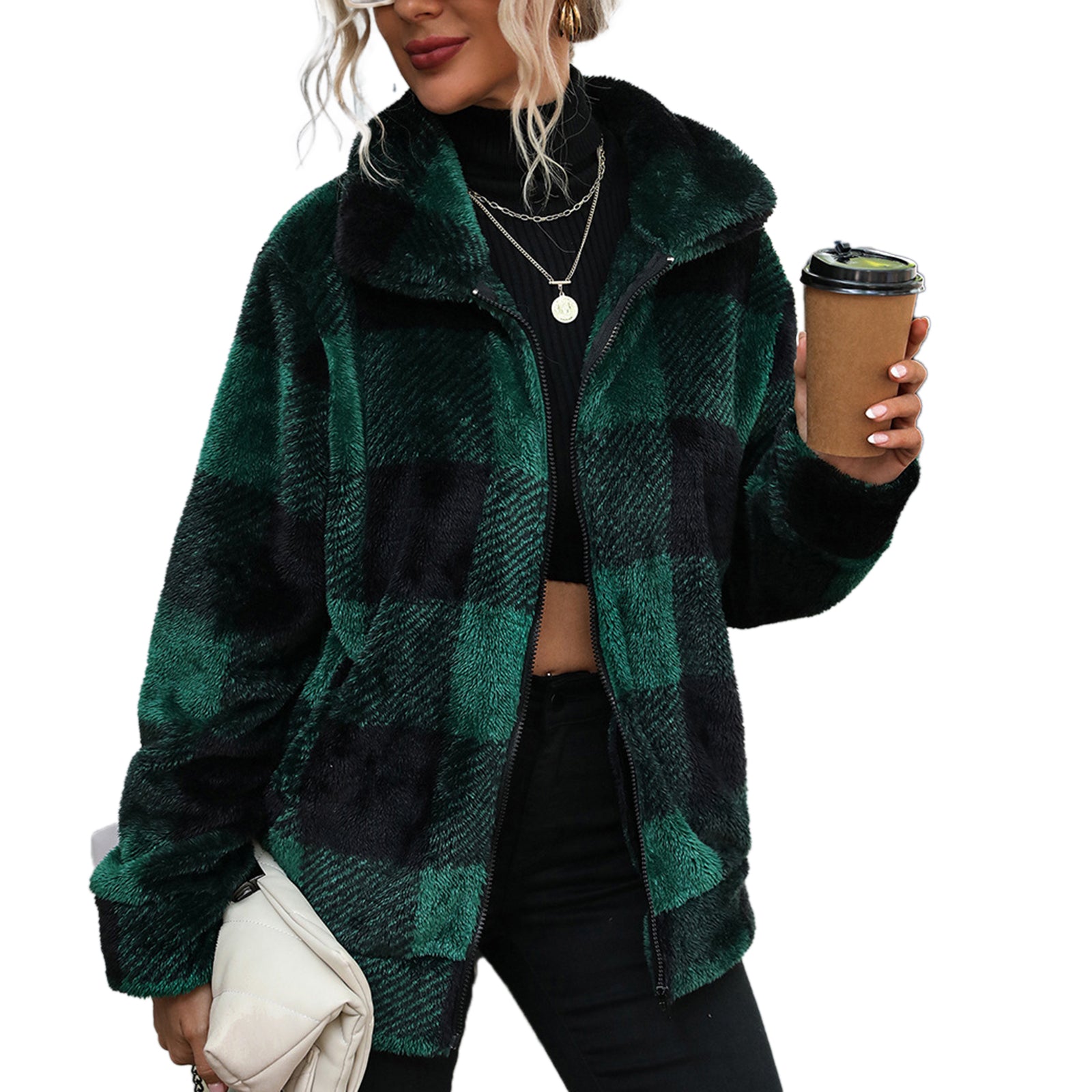 YESFASHION Collar Plaid Regular Coats Plush Zip Double Jacket Coats