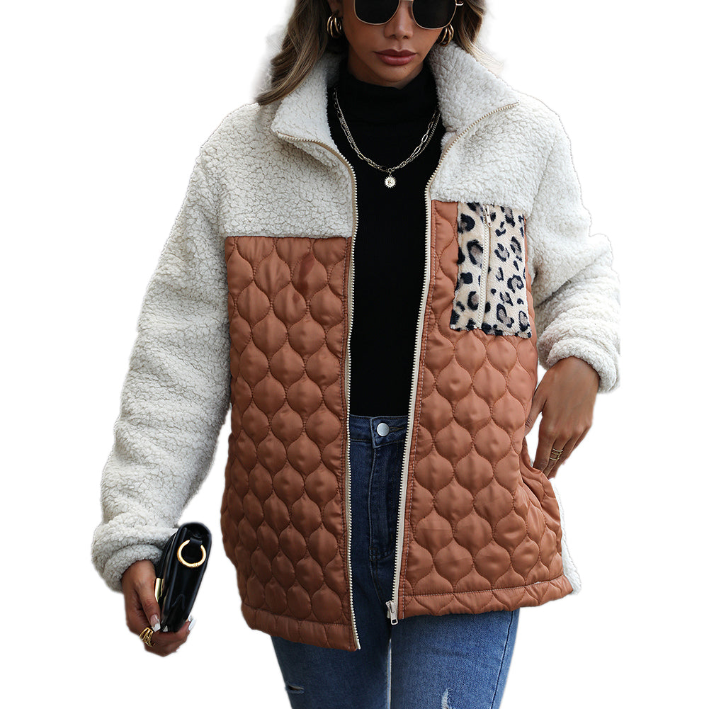 YESFASHION Panelled Zippered Animal Print Double-faced Fleece Jacket