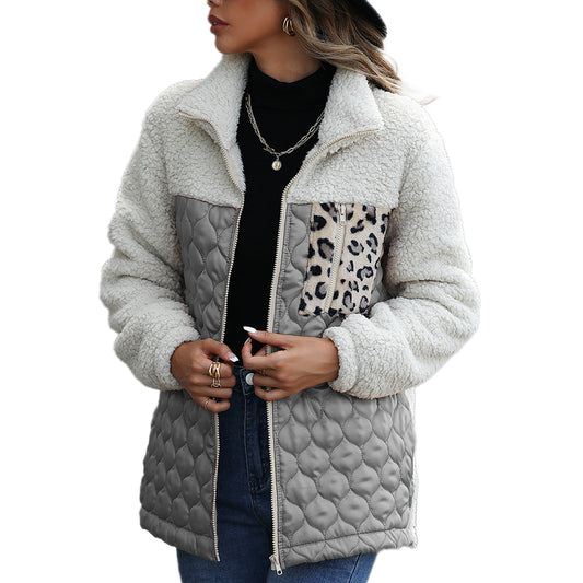 YESFASHION Panelled Zippered Animal Print Double-faced Fleece Jacket