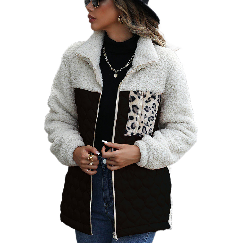 YESFASHION Panelled Zippered Animal Print Double-faced Fleece Jacket