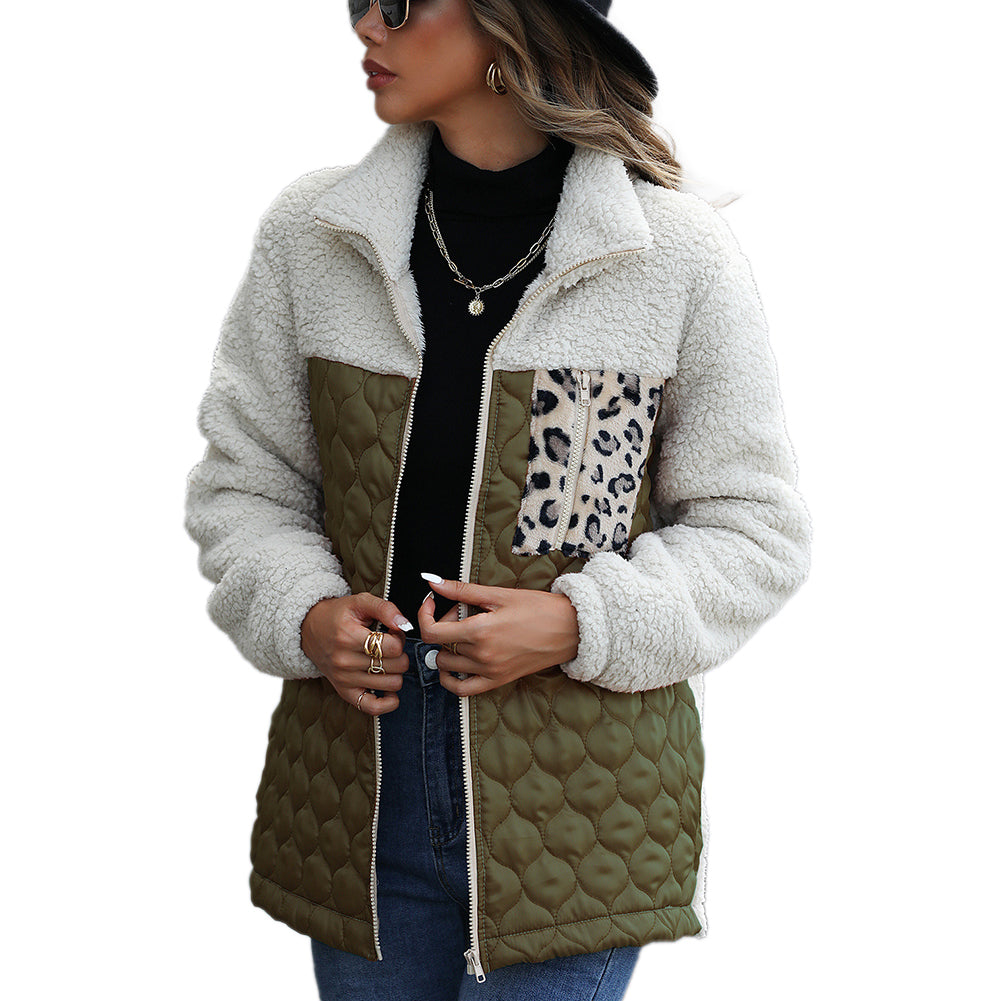 YESFASHION Panelled Zippered Animal Print Double-faced Fleece Jacket