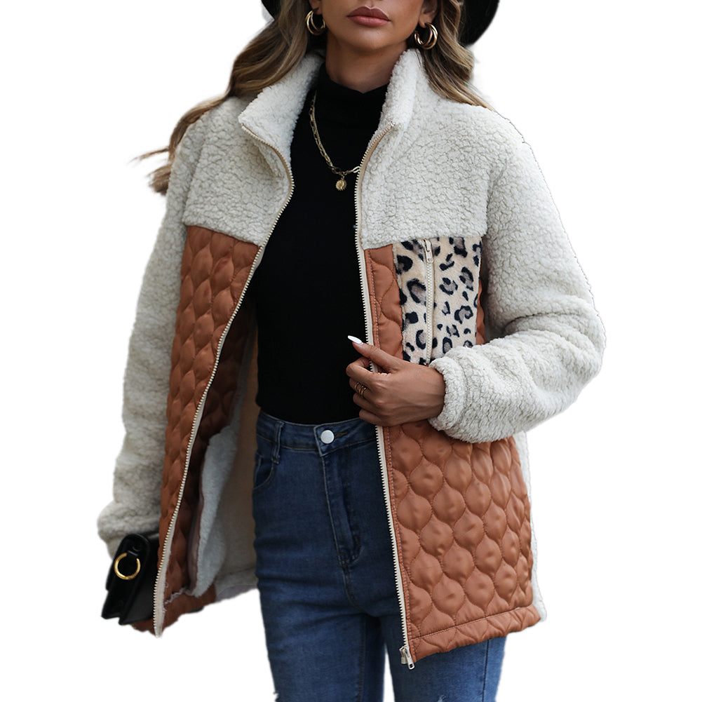 YESFASHION Panelled Zippered Animal Print Double-faced Fleece Jacket