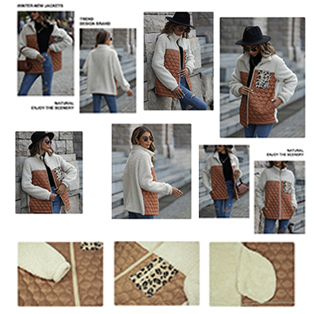 YESFASHION Panelled Zippered Animal Print Double-faced Fleece Jacket
