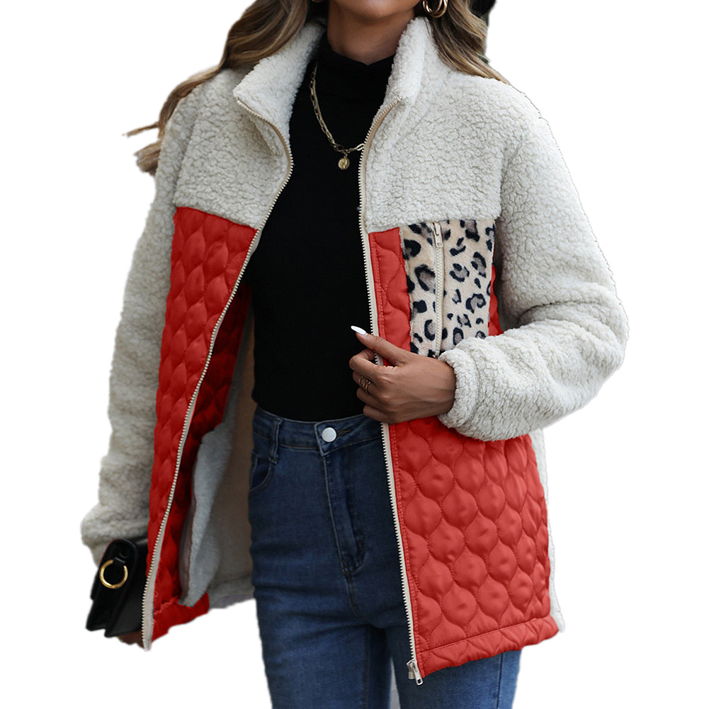 YESFASHION Panelled Zippered Animal Print Double-faced Fleece Jacket
