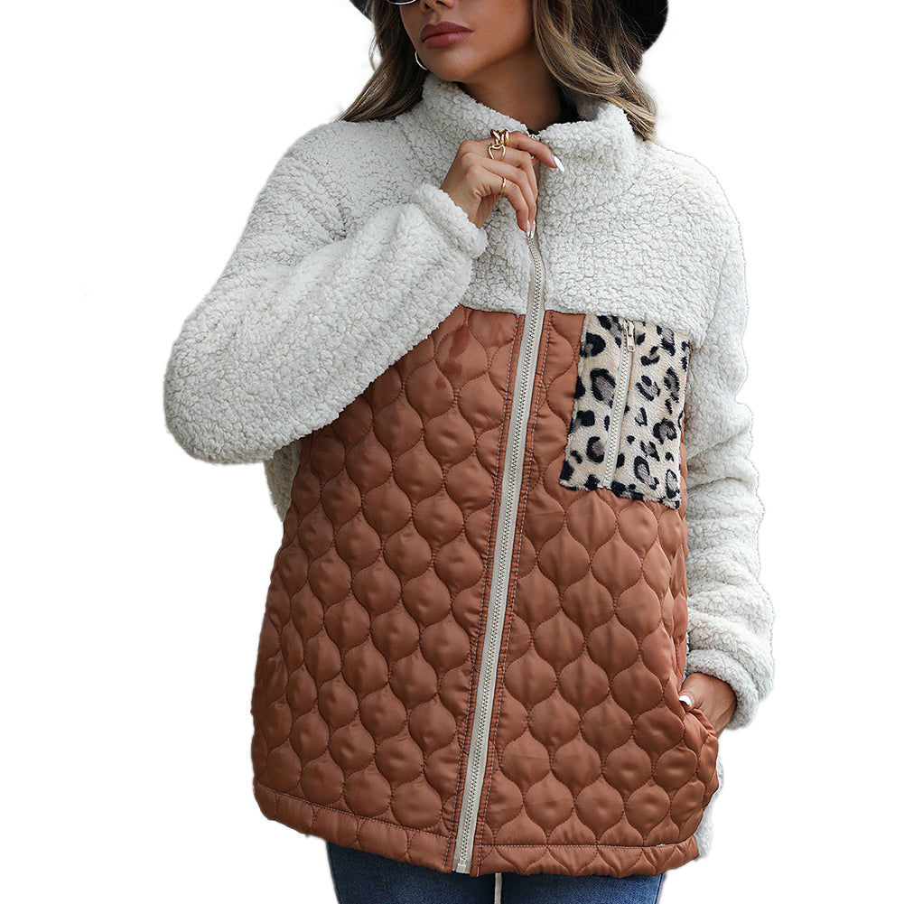 YESFASHION Panelled Zippered Animal Print Double-faced Fleece Jacket