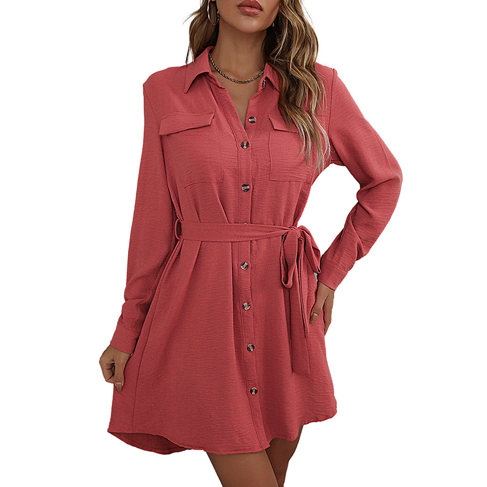 YESFASHION Fashion Red Long-sleeved Lapel French Shirt Dress