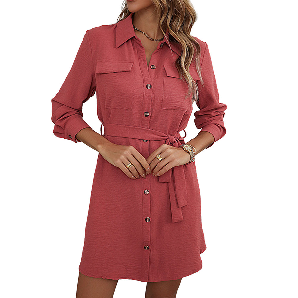 YESFASHION Fashion Red Long-sleeved Lapel French Shirt Dress