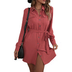 YESFASHION Fashion Red Long-sleeved Lapel French Shirt Dress