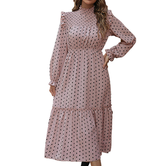 YESFASHION Women Elegant Pink Long Sleeve Polka Dot Dress